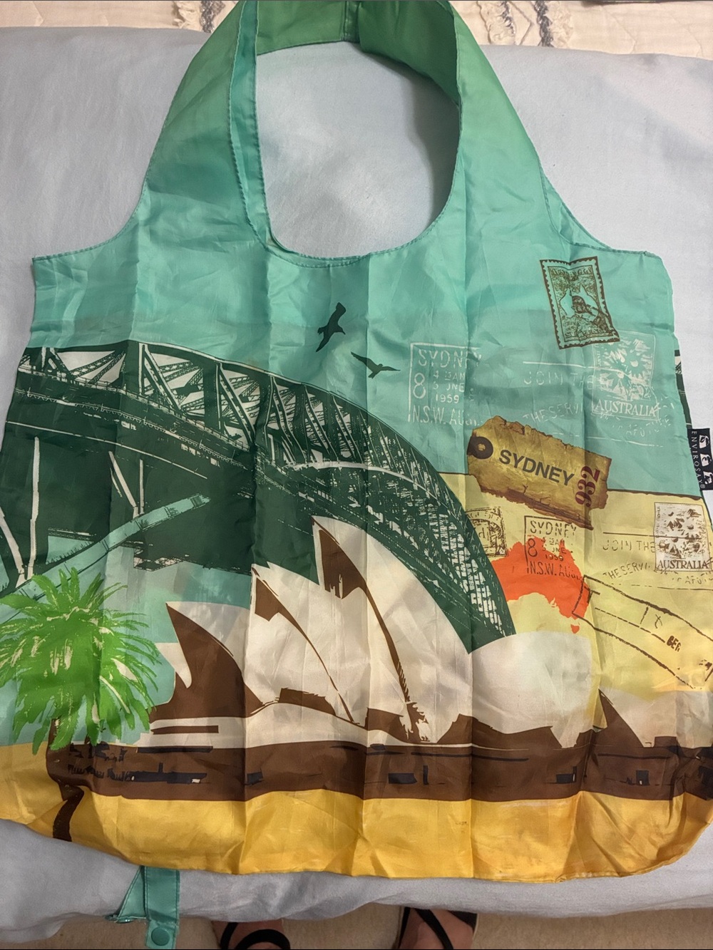 Foldable  Reusable Tote Bag in Teal and Yellow